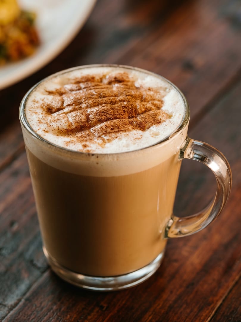 A clear mug of latte with foamed milk and cinnamon powder on a dark wooden table.